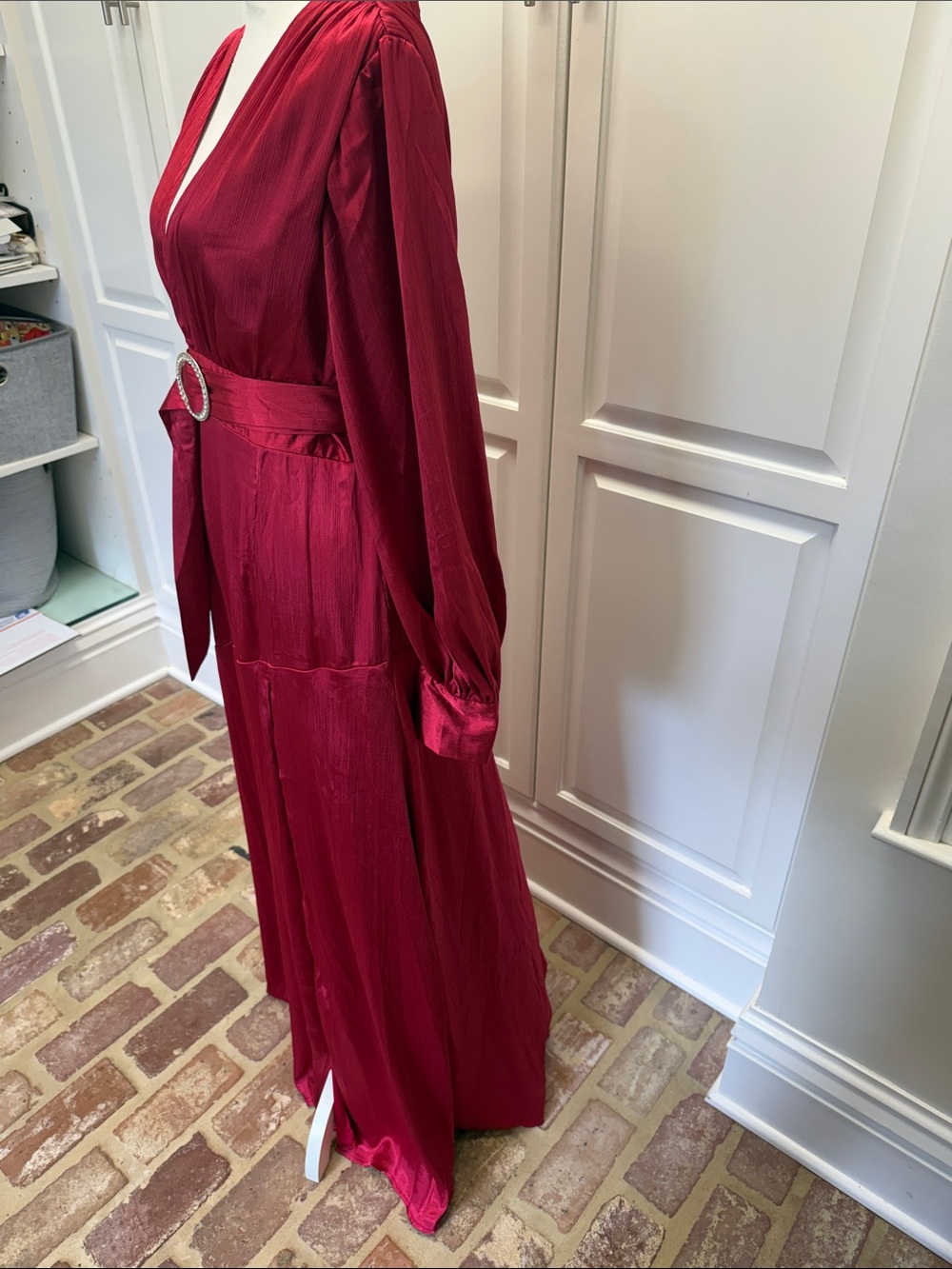 Ina Red Long Sleeve Satin Maxi Dress with Belt - Picture 7 of 8